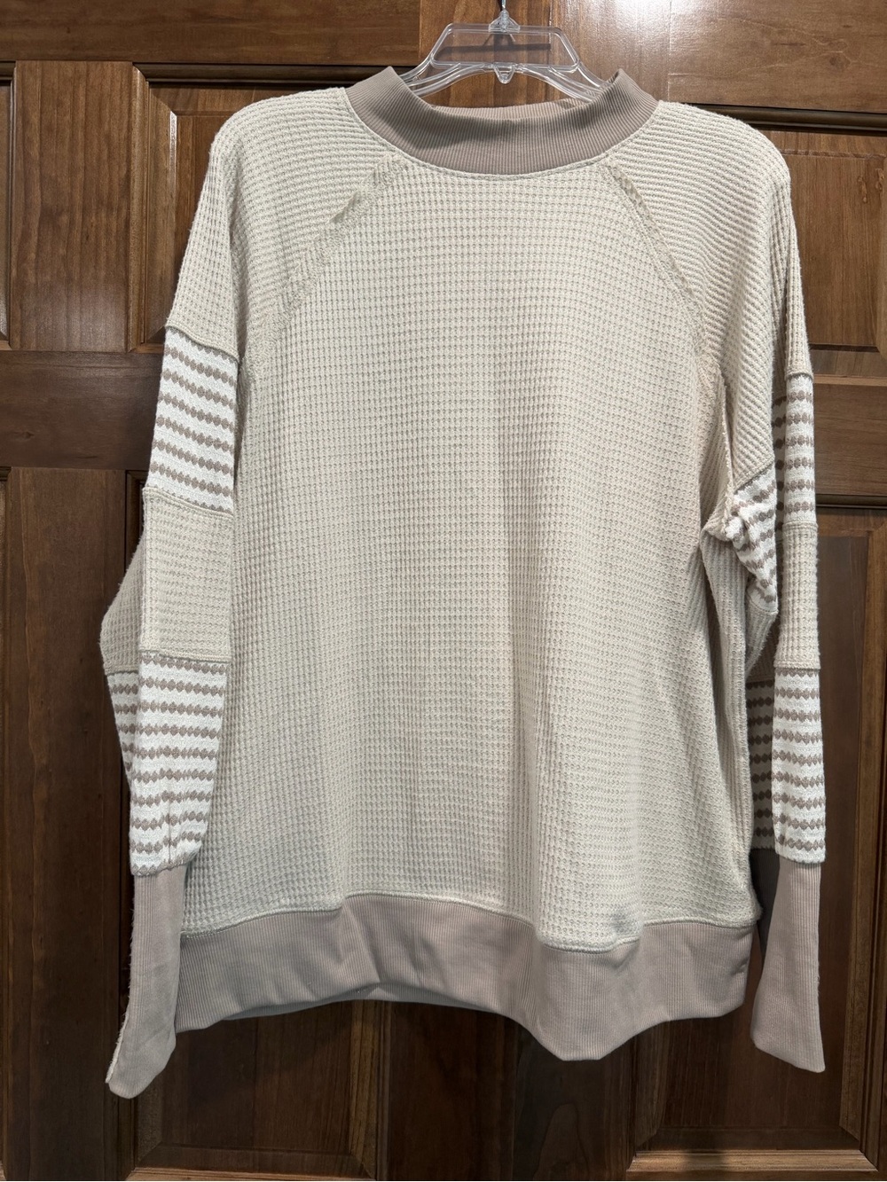 Cato Waffle Knit Striped Sleeve Taupe & Ivory Pullover Sweater, Size Large